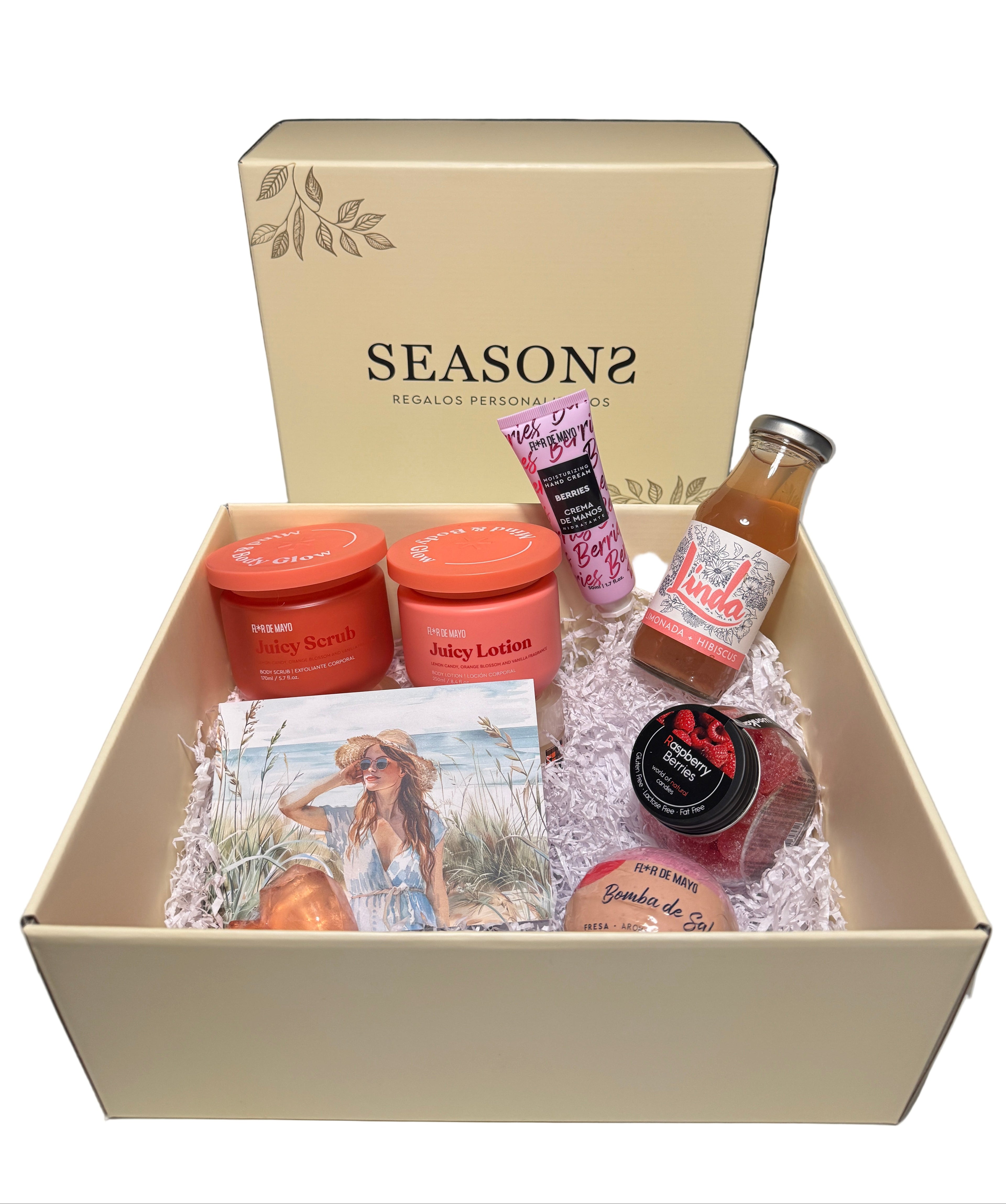 Caja de regalo spa en casa color rosa con productos de belleza y bomba de baño