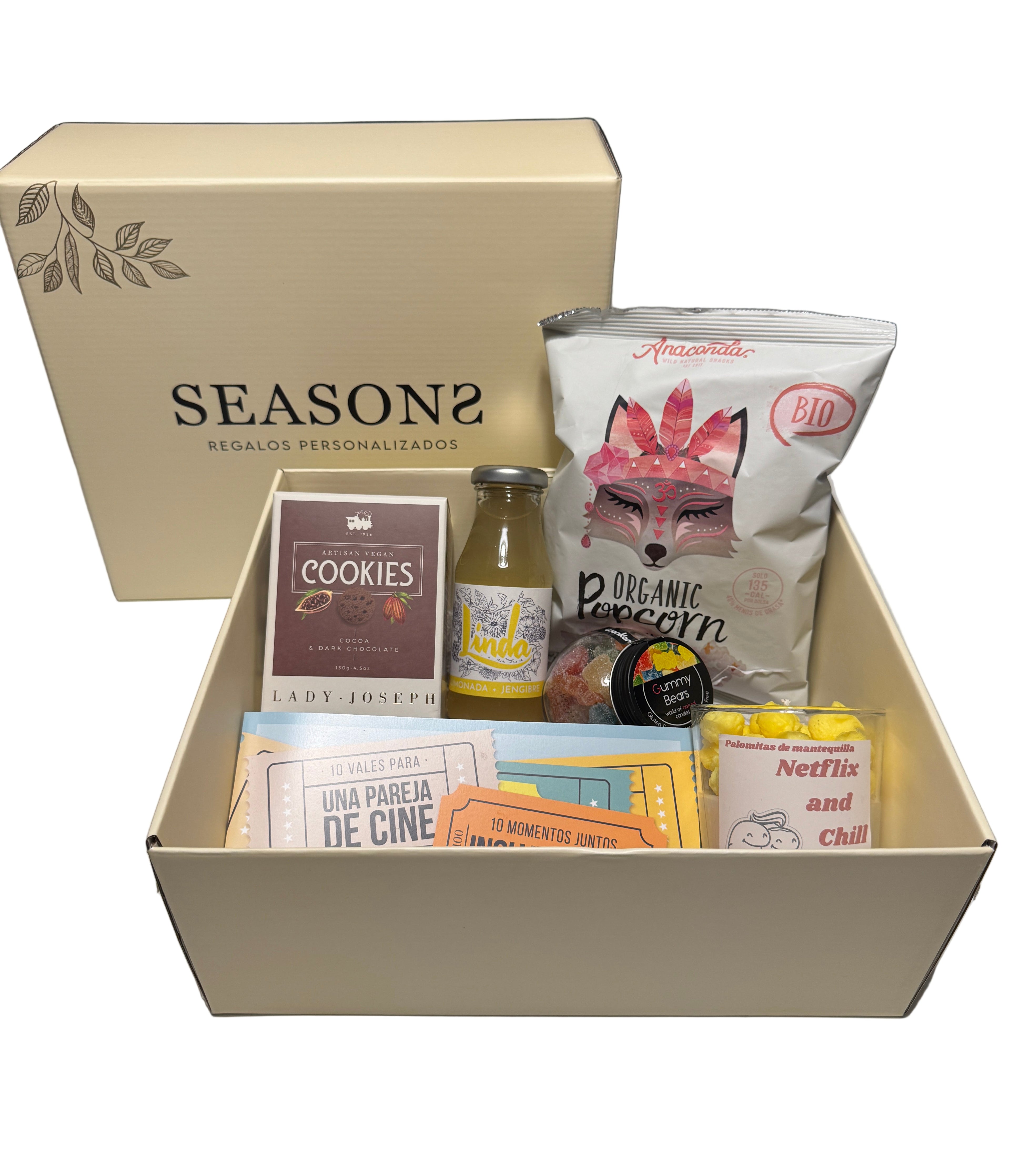 Caja regalo cine en casa con palomitas gourmet y vales para parejas