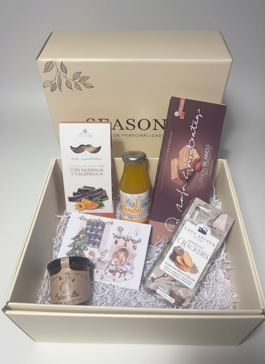 Lote gourmet navideño premium con turrón artesano chocolate y bebida de mandarina